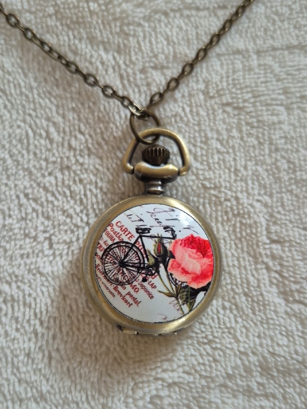Vintage Style Locket Necklace with Watch Clock Floral Bicycle Design Pendant - Picture 2 of 6